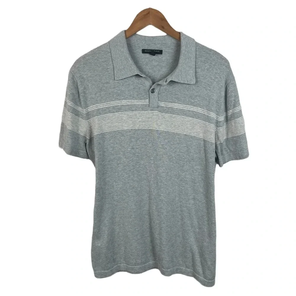 PO423 Mens Banana Republic Trendy Striped Knit Polo Shirt L